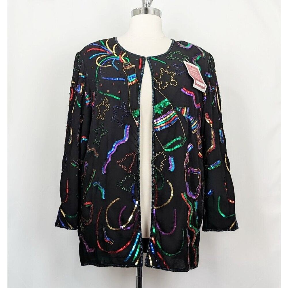 French Collizini Jacket Black Colorful Glamoratti Sequin Women's Size 2X New